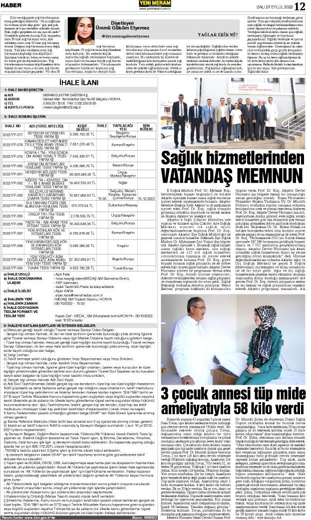 27 Eylül 2022 Yeni Meram Gazetesi

