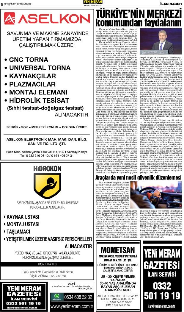 27 Ekim 2022 Yeni Meram Gazetesi
