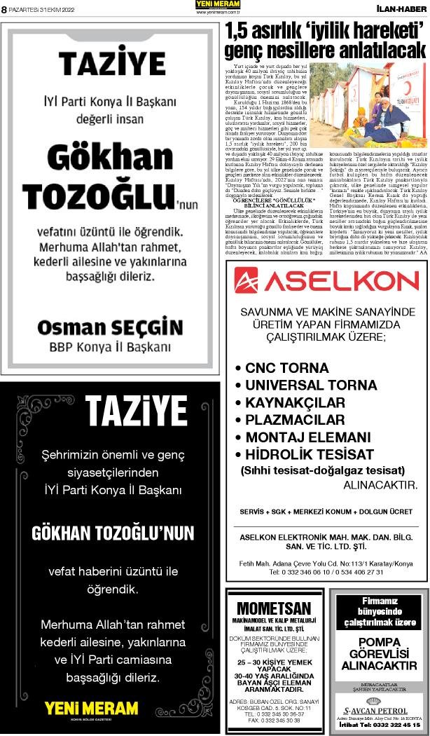31 Ekim 2022 Yeni Meram Gazetesi
