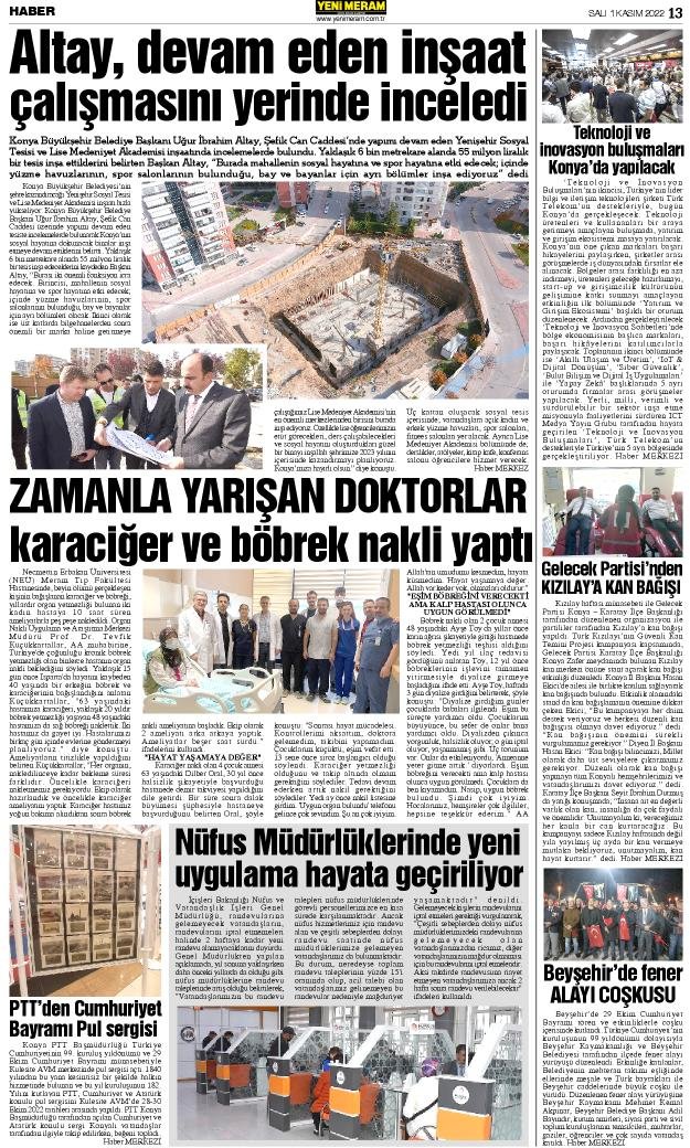 1 Kasım 2022 Yeni Meram Gazetesi
