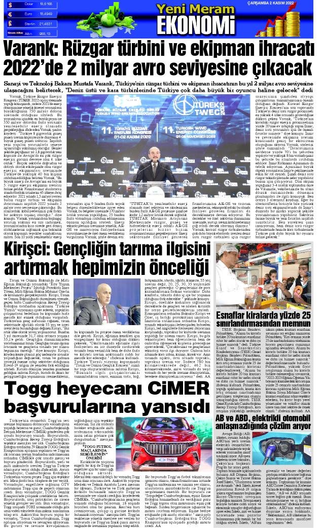 2 Kasım 2022 Yeni Meram Gazetesi
