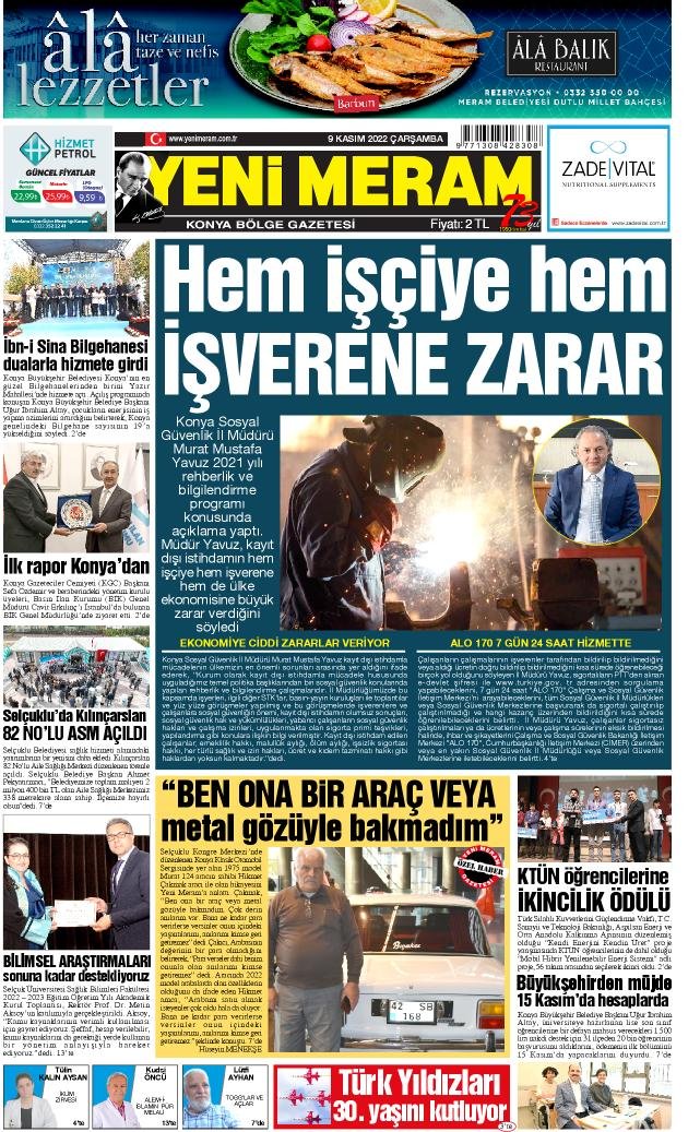 9 Kasım 2022 Yeni Meram Gazetesi
