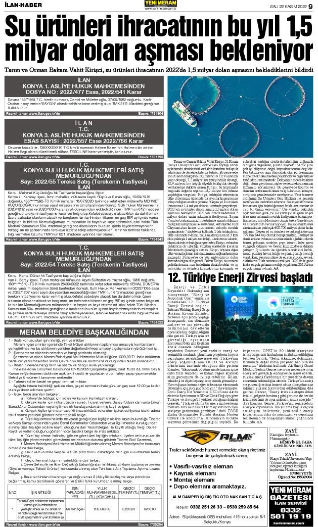 22 Kasım 2022 Yeni Meram Gazetesi
