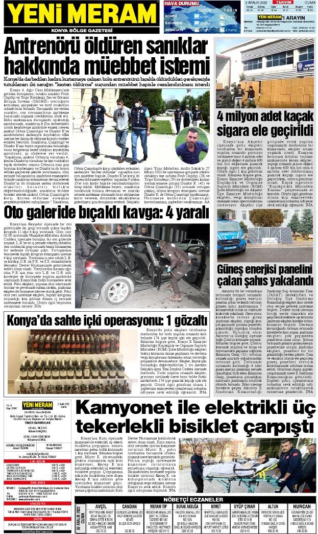 2 Aralık 2022 Yeni Meram Gazetesi
