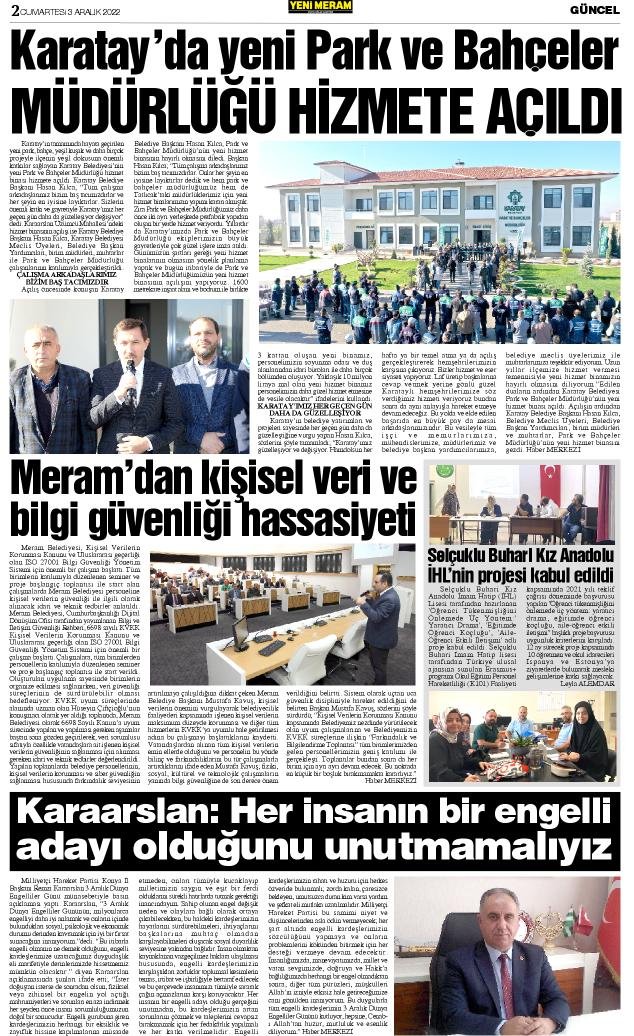3 Aralık 2022 Yeni Meram Gazetesi