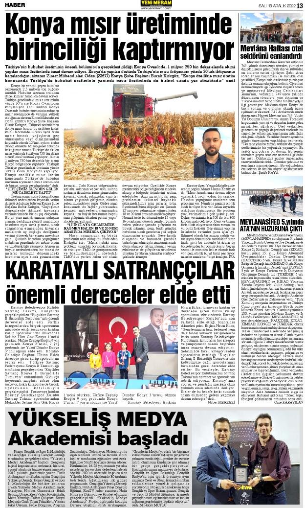 13 Aralık 2022 Yeni Meram Gazetesi

