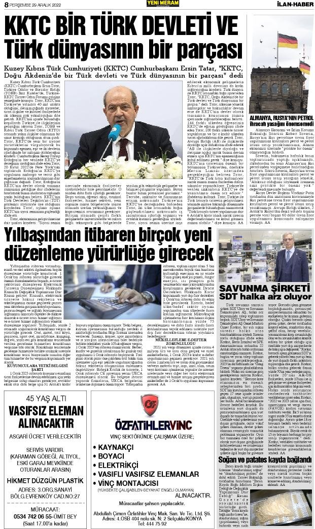 29 Aralık 2022 Yeni Meram Gazetesi
