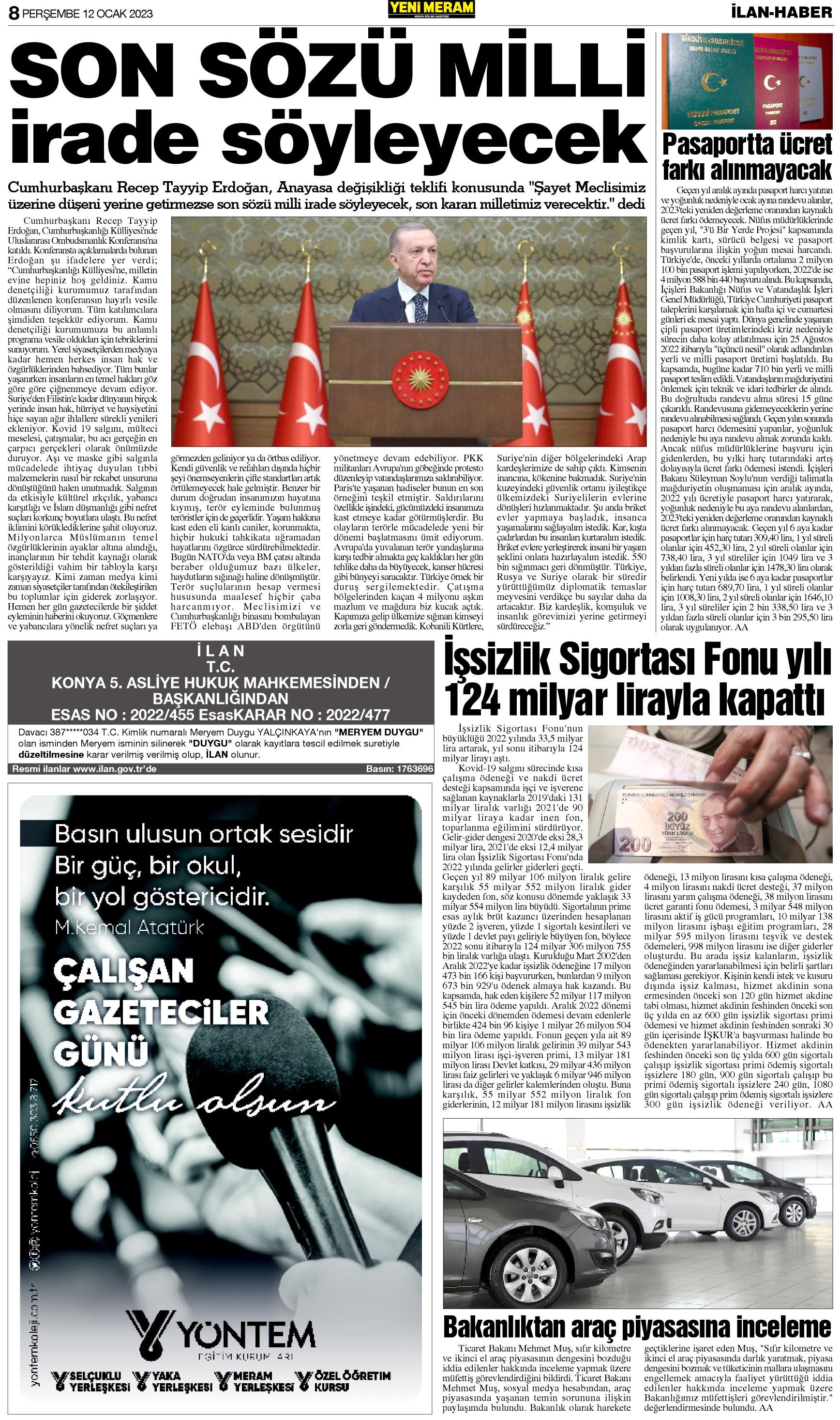 12 Ocak 2023 Yeni Meram Gazetesi
