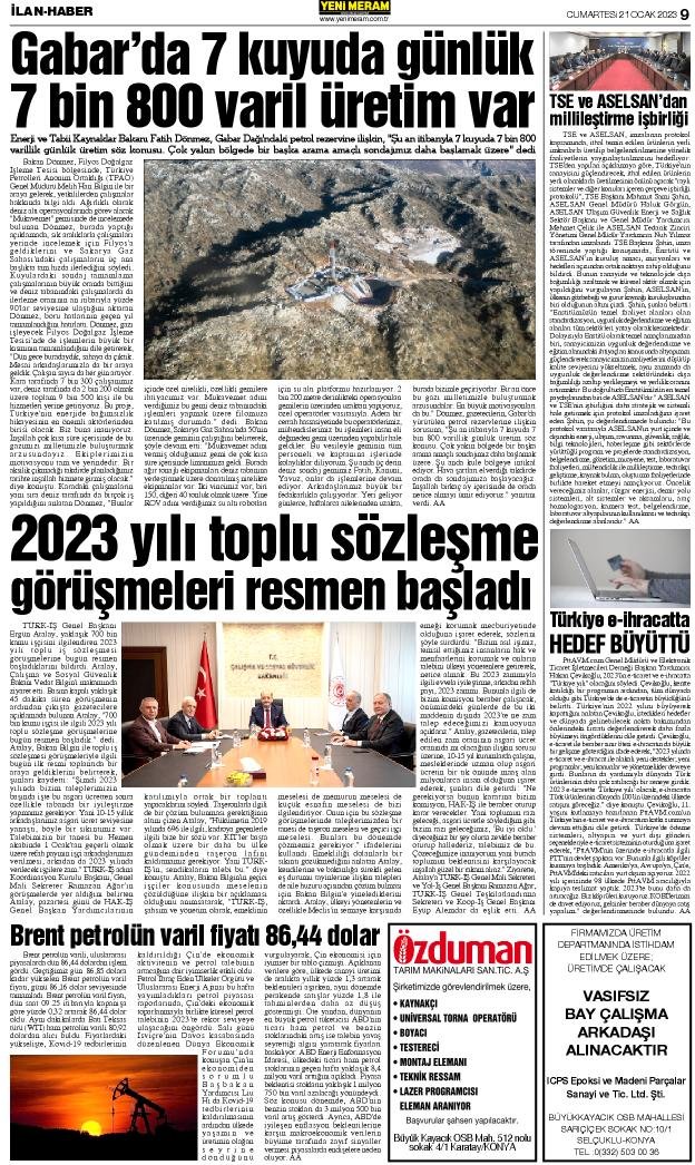 21 Ocak 2023 Yeni Meram Gazetesi