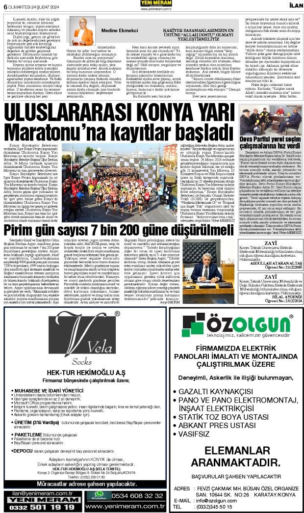 24 Şubat 2024 Yeni Meram Gazetesi