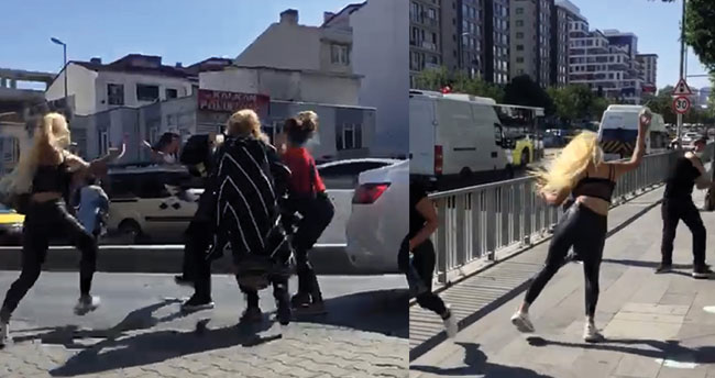 Dört kadın yol ortasında bir adamı tekme tokat dövdü