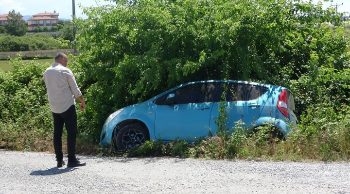Böğürtlenler şarampole inen otomobile hava yastığı oldu, sürücünün burnu dahi kanamadı