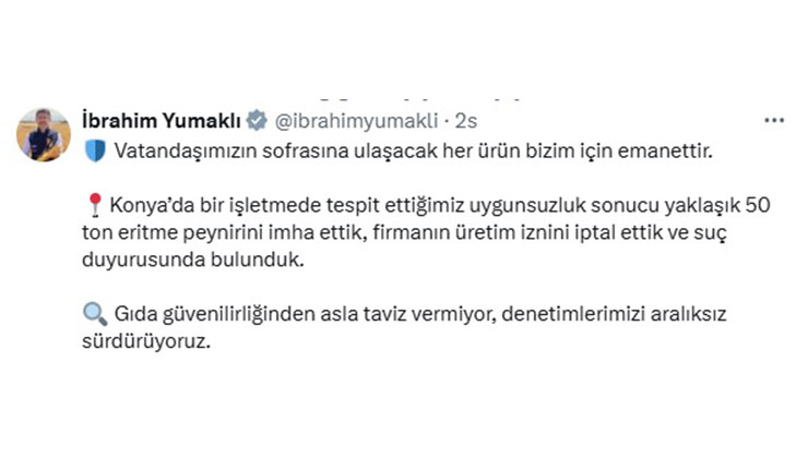 Bakan Yumaklı’dan, Konya’daki işletmede belirlenen uygunsuzluklara yönelik paylaşımı