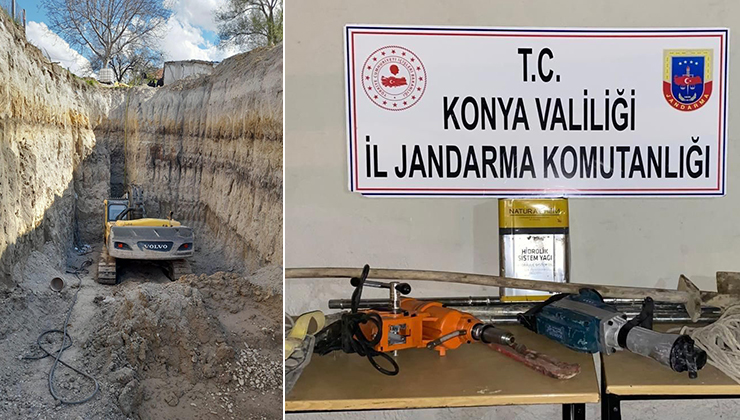 Konya’da iş makinesiyle kaçak kazı yapan 13 şüpheli yakalandı