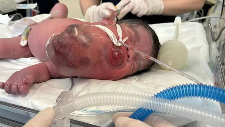 34 haftalık doğan Eymen bebeğin boynundan 445 gram tümör çıkarıldı