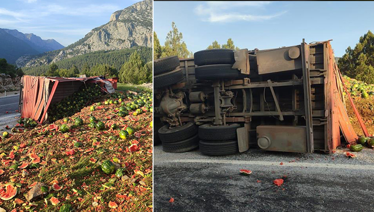 Antalya-Konya kara yolunda karpuz kamyonu devrildi