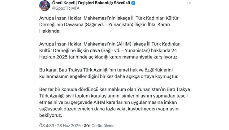 Dışişleri Sözcüsü Keçeli: AİHM’in kararını memnuniyetle karşılıyoruz
