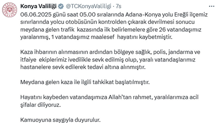 Konya Valiliği’nden otobüs kazasıyla ilgili açıklama