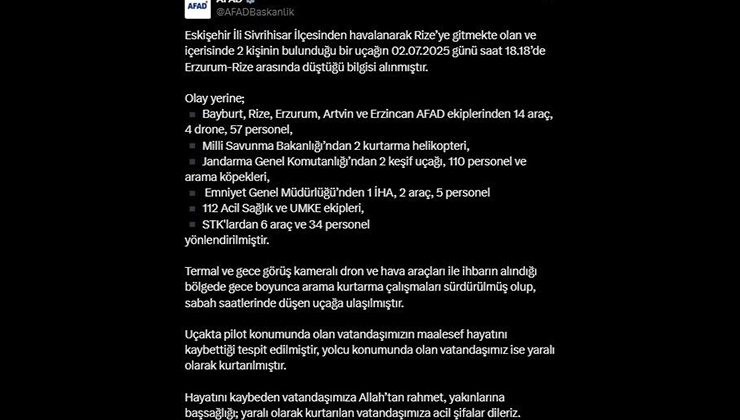 AFAD: “Eskişehir’den Rize’ye giderken düşen uçağın enkazına ulaşıldı”