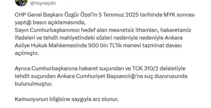 Cumhurbaşkanı Erdoğan’dan, Özgür Özel’e tazminat davası