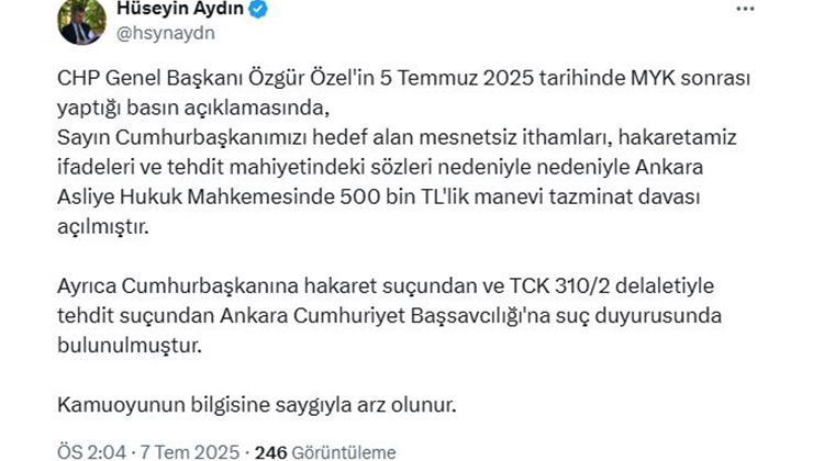 Cumhurbaşkanı Erdoğan’dan, Özgür Özel’e tazminat davası
