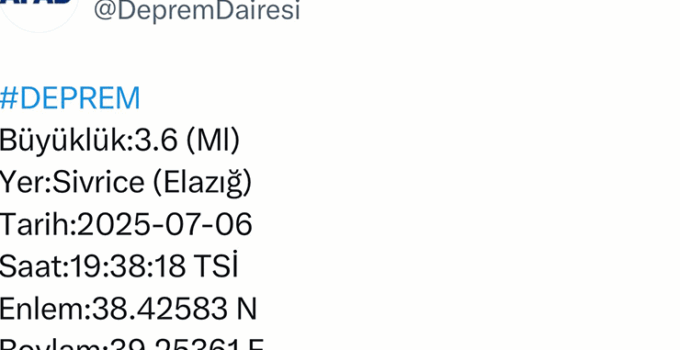 Elazığ’da 3.6 büyüklüğünde deprem