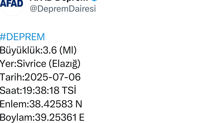 Elazığ’da 3.6 büyüklüğünde deprem