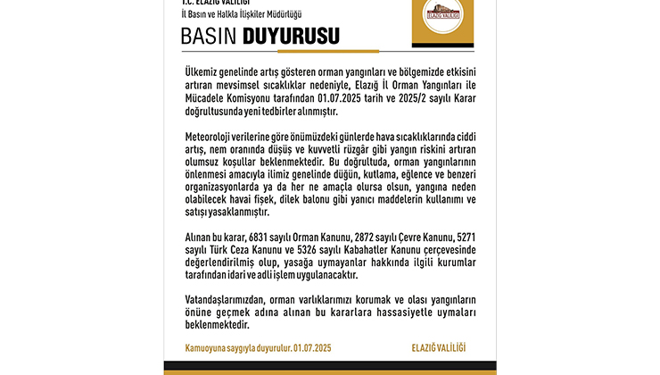 Elazığ’da havai fişek ve dilek balonu satımı ve kullanımı yasaklandı
