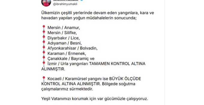 Bakan Yumaklı: 8 ildeki yangınlar kontrol altına alındı