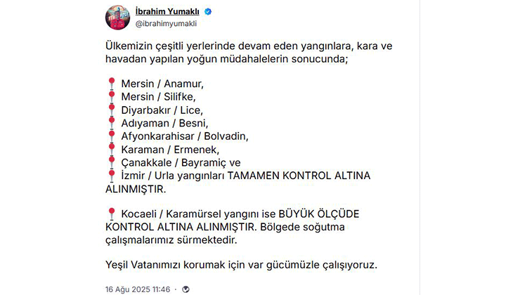 Bakan Yumaklı: 8 ildeki yangınlar kontrol altına alındı