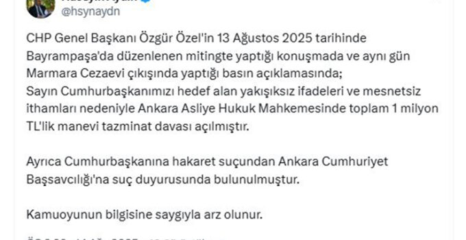 Cumhurbaşkanı Erdoğan’dan, Özgür Özel’e 1 milyon liralık tazminat davası
