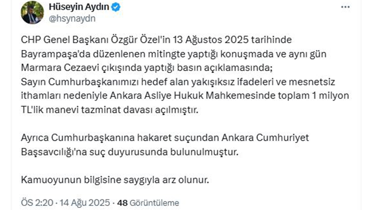 Cumhurbaşkanı Erdoğan’dan, Özgür Özel’e 1 milyon liralık tazminat davası