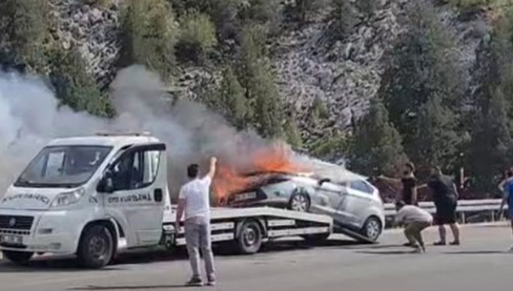Konya’da çekici üzerindeki otomobil alev alev yandı