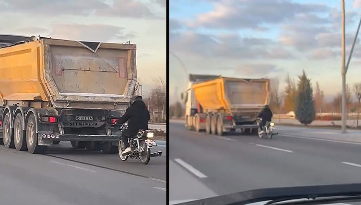 Konya’da seyir halindeki tırın peşinde motosikletli tehlikeli yolculuk