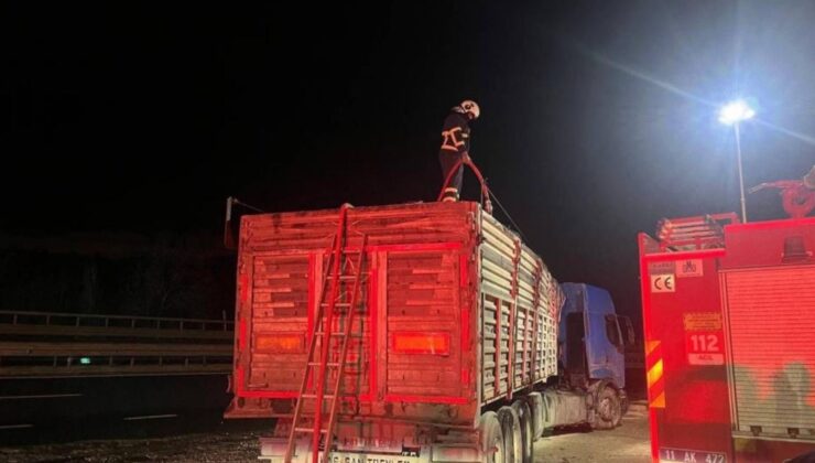 Bilecik’te seyir halinde talaş yüklü tır dorsesi alev aldı